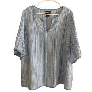 Tahari 100% Linen Blue Stripe Split Neck Tunic Top Ruffle Short Sleeves Size 1X